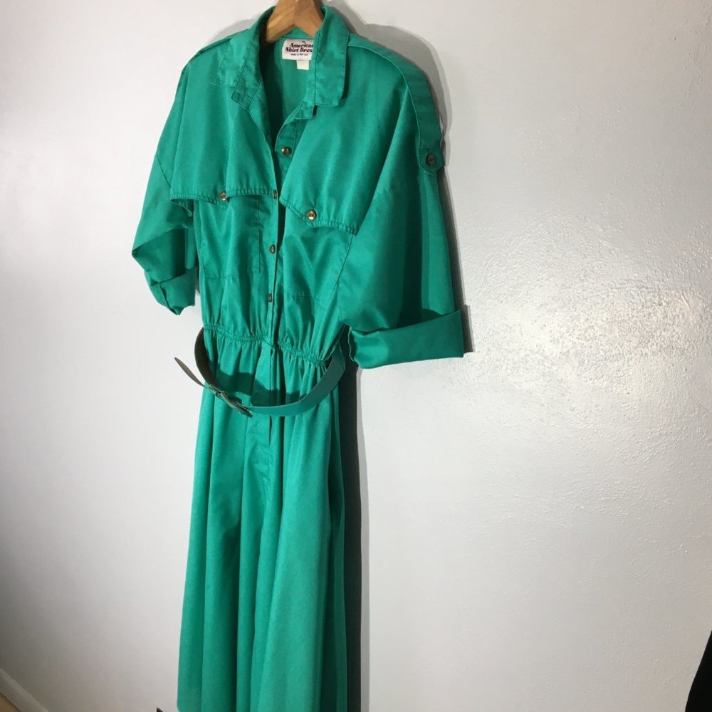 Vintage 80s Day Dress, Green Shirt Dress, Vintage Dress with Pockets Size Medium - Picture 11 of 14